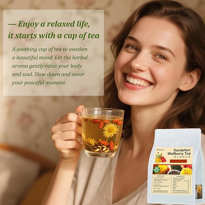Dandelion Wolfberry Tea, 12 Pcs Organic Dandelion Tea for Kidneys & Liver Health, Eight Natural Chinese Herbal Ingredients Blend with Chrysanthemum, Wolfberry, Cassia Seed (144g (12gx12 packs)