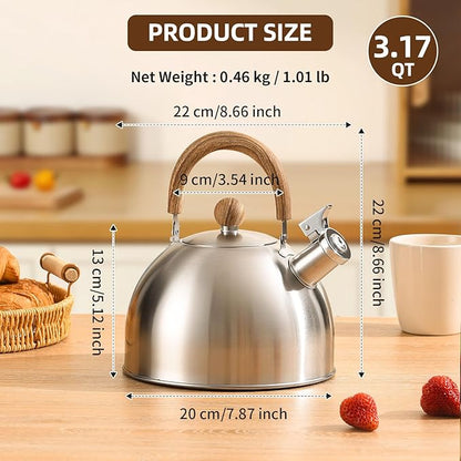 Tea Kettle, 18/8 Stainless Steel Whistling Teapot, 3.17 Quart Camping Tea Kettle for Stovetop, Water Coffee Pot with Anti-Hot Wood Handle (3L,Silver)