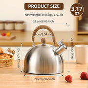 Tea Kettle, 18/8 Stainless Steel Whistling Teapot, 3.17 Quart Camping Tea Kettle for Stovetop, Water Coffee Pot with Anti-Hot Wood Handle (3L,Silver)