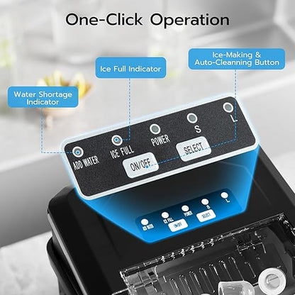 ZAFRO Countertop Ice Maker, 26.5Lbs/24H, 9 Bullet Cubes in 6 Mins, Self-Cleaning Portable Ice Machine with 2 Ice Sizes (S/L), Quiet Compact Design, Double Handles, for Home, Party, RV, Camping, Black