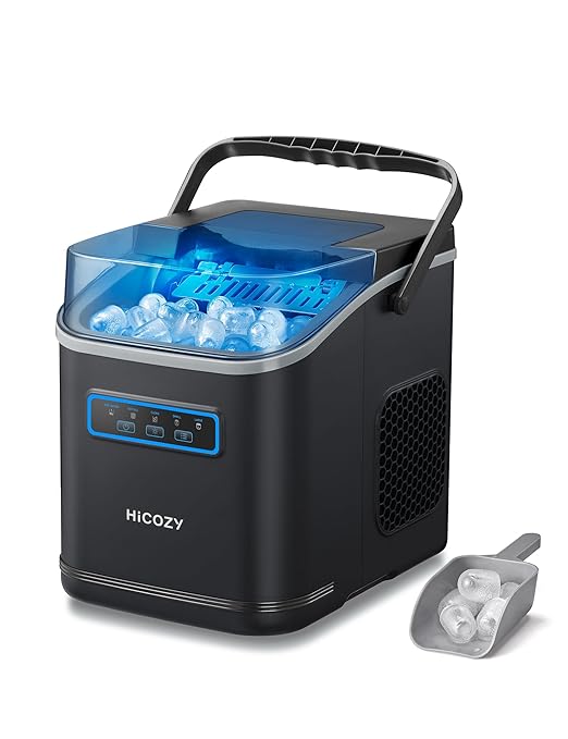 HiCOZY Clear View Ice Maker Countertop, Self-Cleaning Ice Machine with Ambient Lights, Ice in 6Mins, 26 lbs/Day, 2 Sizes of Bullet Ice for Apartment/Kitchen/Office/Home Bar(Black)