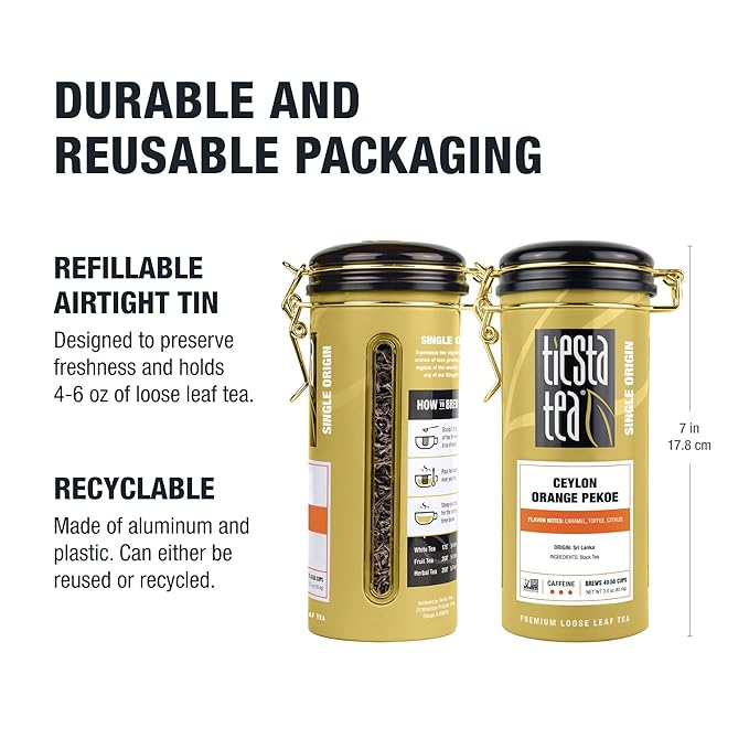 Tiesta Tea - Ceylon Orange Pekoe Black Tea, Loose Leaf, Single Origin Premium Black from Sri Lanka, Pure Unblended High Caffeinated, Hot or Iced Brew & Up to 50 Cups, 3oz Refillable Tin