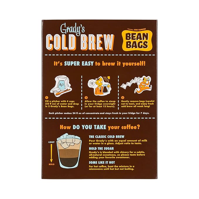 GRADY’S COLD BREW, French Vanilla, 100% Arabica Ground Coffee & Chicory Pouches, ONE Box with 4 Easy-to-Brew Bean Bags, Makes 12 drinks