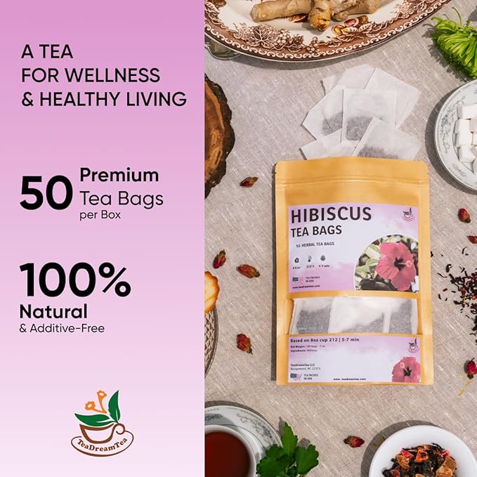 TeaDreamTea Hibiscus Tea Bags | 50 Bleach-Free Tea Bags | Caffeine Free | Dried Hibiscus Flowers | Hibiscus Flower Tea | Dried Flower Tea | Brew Hot or Iced |Herbal Hibiscus Tea