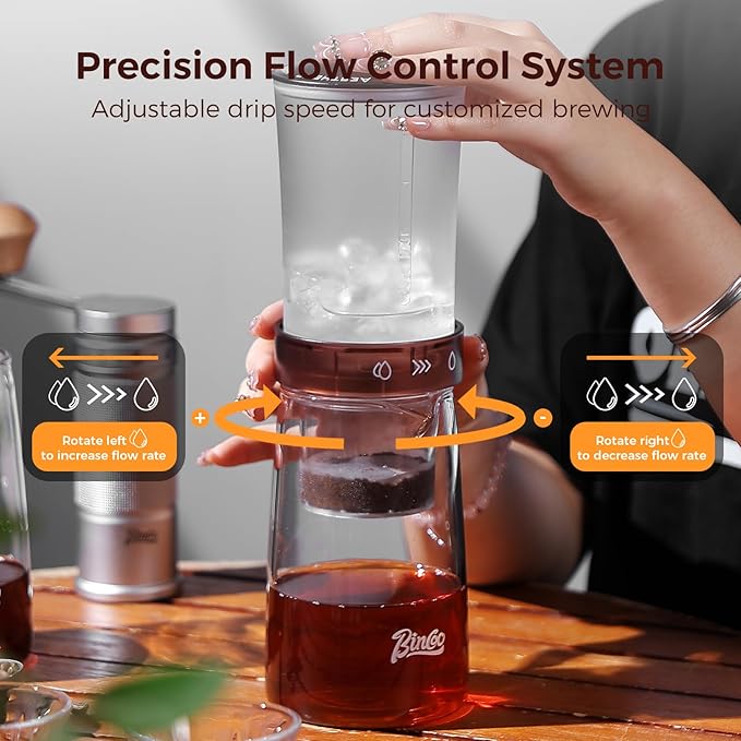 Adjustable Flow Cold Brew Coffee Maker, 450ml Glass Ice Drip Tower with Control Valve & 500-Mesh Stainless Steel Filter for Smooth, Low-Acid Cold Brew Iced Coffee at Home (Translucent Amber)