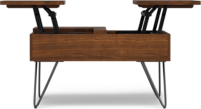 SIMPLIHOME Hunter Lift Top Coffee Table - 32 inch Wide Solid Walnut Veneer and Metal Industrial Square Cocktail Table, Living Room Table with Dual Lift Tops, Hidden Storage and Hairpin Legs
