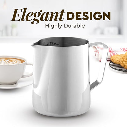 Zulay Milk Frothing Pitcher with Latte Art Pen – 12oz 20oz 32oz - Stainless Steel Frother Cup with Measurement Markings, Espresso & Coffee Accessories Creamer Jug with Laser-Welded Handle - 20 oz