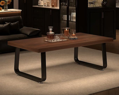 HSH Rustic Walnut Coffee Table, Modern Center Table, Rectangle Industrial Living Room Coffee Table, Simple Farmhouse Wood and Metal Tea Table for Home Bedroom Office, Walnut, 47 in