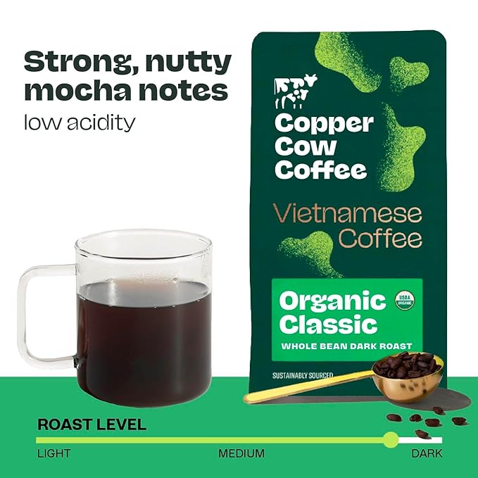 Copper Cow Premium Vietnamese Whole Bean Coffee, 12 OZ | Organic Classic | Dark Roast | Vietnamese Coffee