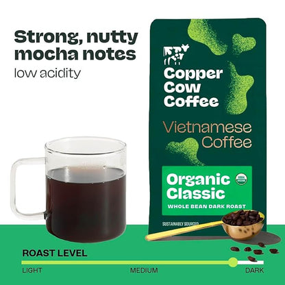 Copper Cow Premium Vietnamese Whole Bean Coffee, 12 OZ | Organic Classic | Dark Roast | Vietnamese Coffee