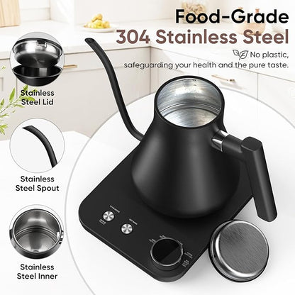 COZII Gooseneck Electric Kettle with ±1°F Temperature Control, 1200W Quick Heating for Pour Over Coffee & Tea, 0.9L Water Boiler with 24H Keep Warm & Auto Shut Off, Stainless Steel Interior, Black