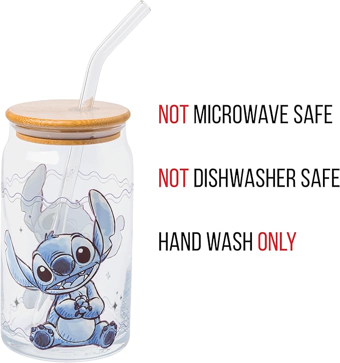 Silver Buffalo Disney Lilo and Stitch Sitting Glass Jar Tumbler with Bamboo Lid and Glass Straw, 16 Ounces