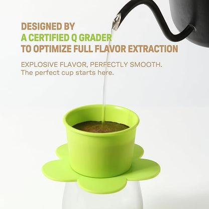 [Holiday Gift] Vietnamese Phin Filter, Plastic Reusable Pour Over Coffee Dripper, Single Cup Coffee Filter with Flower Design for Manual Brewing, Gift for Christmas Thankgiving (Lime Neon)