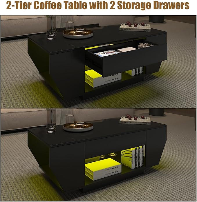 42" Black Modern Coffee Table for Living Room, High Glossy Wooden Living Room Table with Storage, Led Rectangular Coffee Tables with 2 Drawers, Wood Center Table for Reception Dinning Room