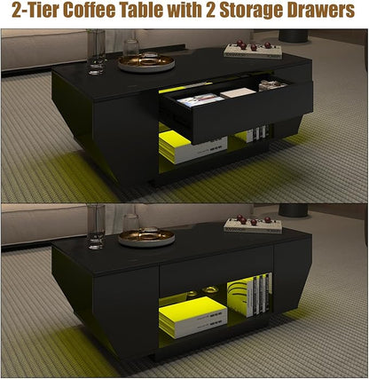 42" Black Modern Coffee Table for Living Room, High Glossy Wooden Living Room Table with Storage, Led Rectangular Coffee Tables with 2 Drawers, Wood Center Table for Reception Dinning Room
