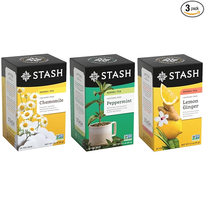 Stash Tea Comfort Classics Herbal Tea Sampler - Assortment of Non-Caffeinated Teas Including Peppermint, Chamomile and Lemon Ginger Teas, 18-20 Count (Pack of 3)