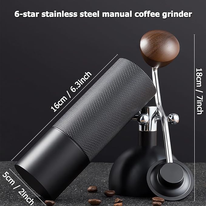 Manual Coffee Grinder with Double Bearing System Coffee Bean Grinder, 25g Capacity Hand Coffee Grinder, Stainless Steel 6-Star Burr Mill (BLACK, 6star-stainless steel)