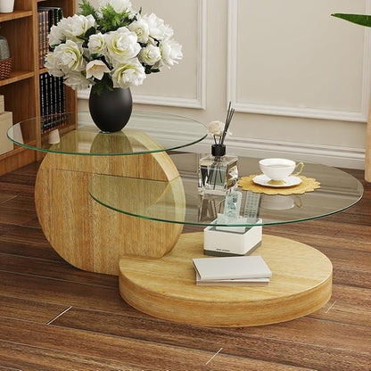 42 Inch Glass Coffee Table，Round Coffee Table with 2-Tier Tempered Glass Tabletop，Easy to Clean Circle Coffee Table with Sturdy Base for Living Room，Office （Wood-Colored Base）