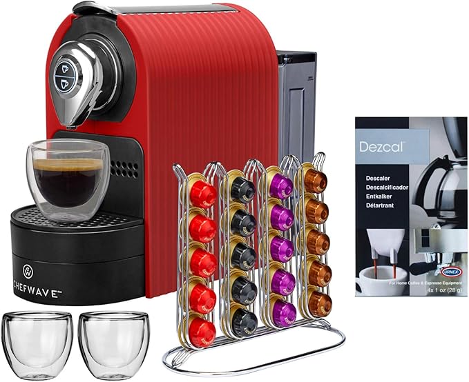 ChefWave Espresso Machine for Nespresso Compatible Capsules (Red) Bundle with Capsule Holder, 2 Glass Cups and Descaling Powder (2 Items)