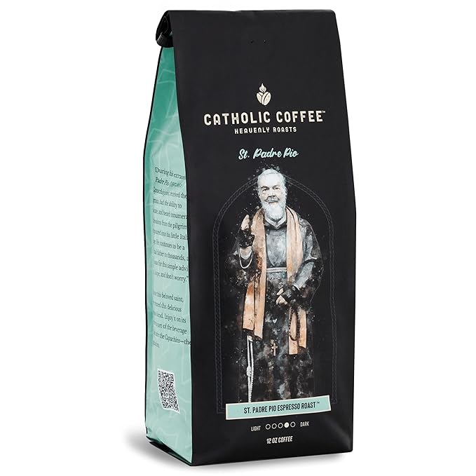 Catholic Coffee Padre Pio | Medium/Dark Roast Whole Bean Coffee – Dark Cherry & Chocolate Notes | 12oz Bag – Catholic Gift Inspired by a Mystic and Healer