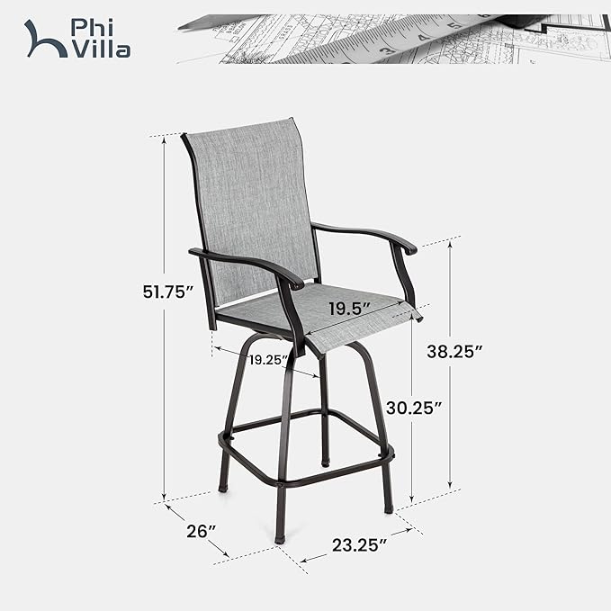 PHI VILLA Outdoor Swivel Patio Bar Stools Set of 6, 30 Inch Bar Height Tall Patio Chairs with Back & Armrest, Durable Textilene Fabric in Grey for Deck Lawn Garden