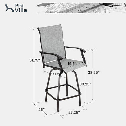 PHI VILLA Outdoor Swivel Patio Bar Stools Set of 2, 30 Inch Bar Height Tall Patio Chairs with Back & Armrest, Durable Textilene Fabric in Grey for Deck Lawn Garden