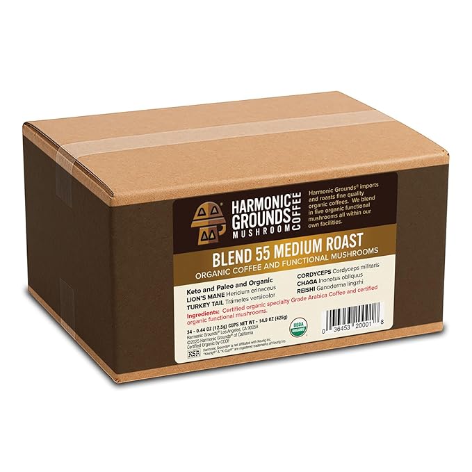 Harmonic Grounds Organic Mushroom Coffee Pods - Medium Roast Coffee with Lion's Mane, Reishi, Chaga, Cordyceps & Turkey Tail - Compatible with Keurig K-Cup Brewers - 34 Count