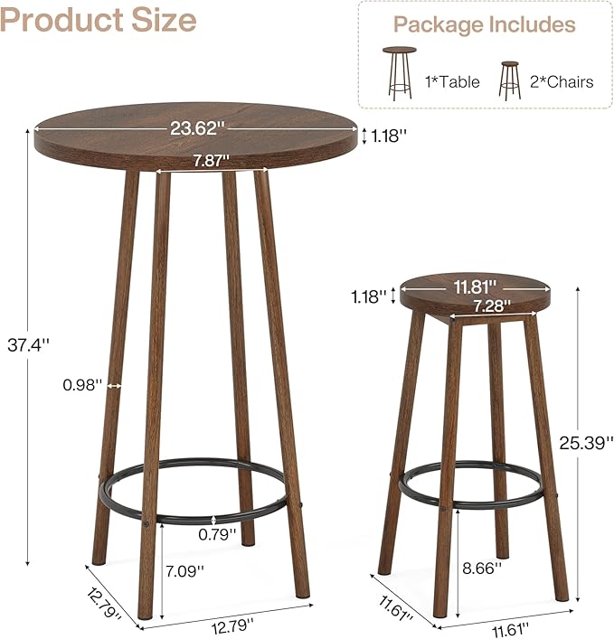 Tribesigns 3 Pieces Bar Table Set, 23.6" Round Pub Table, Small Bar Height Pub for 2, Industrial Home Bar Unit Set with 2 Stools for Kitchen, Dining Room, Living Room & Bistro, Rustic Brown