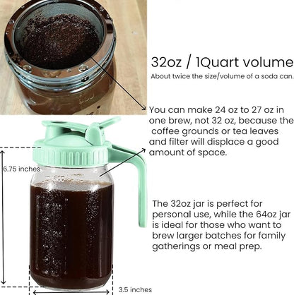 Fermus Cold Brew Coffee Maker, 32oz / 1Quart Glass Pitcher with Stainless Steel Filter and Pour Spout Handle Lid, Mason Jar for Making Cold Coffee, Fruit Drinks, Sun Tea (1, 32 Ounces)