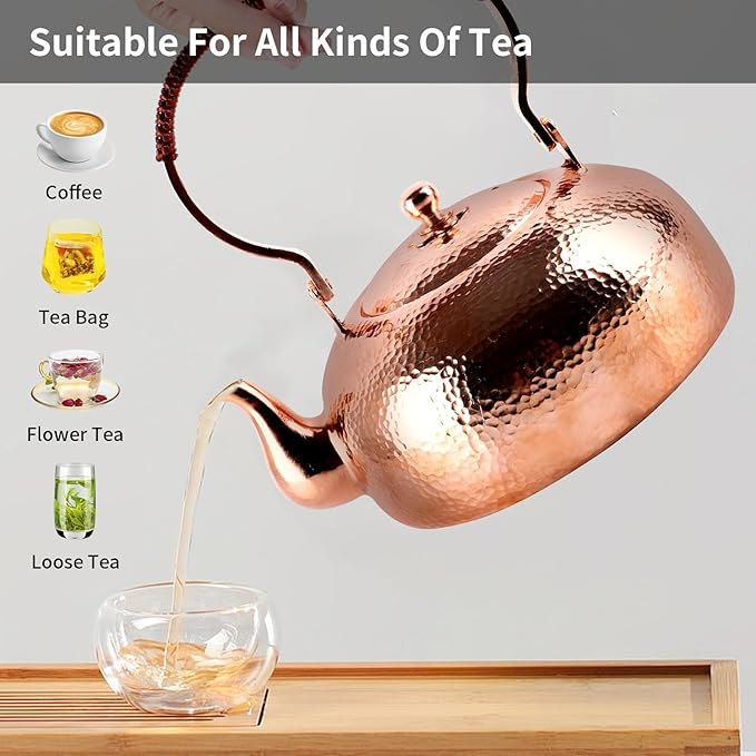 Copper Tea Kettle, Stovetop Teapot with Infuser for Loose Tea, 2000ml Handmade Hammered Kettle, Copper Tea Pot with Infuser, for Gas and Electric Stoves