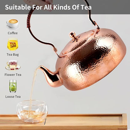 Copper Tea Kettle, Stovetop Teapot with Infuser for Loose Tea, 2000ml Handmade Hammered Kettle, Copper Tea Pot with Infuser, for Gas and Electric Stoves