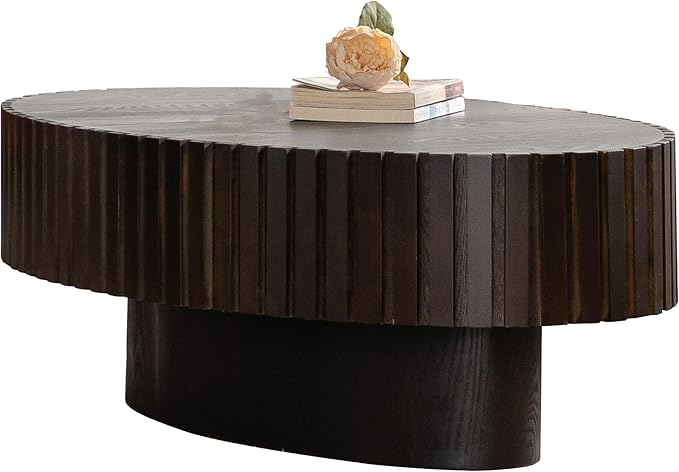 43.31" Oval Drum Coffee Table, Modern Handcraft Fluted Drum Center Table, Wooden Oval Coffee Table Center Table with Sturdy Pedestal for Living Room Apartment (Walnut+Black)