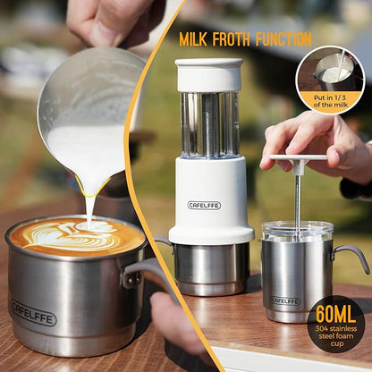 Manual Portable Coffee Maker Set with Milk Frother Cup &Carry Bag, Hand Press Espresso Machine Compatible with Nes Original Capsule/Ground for Outdoor Travel Camping Gift,Green