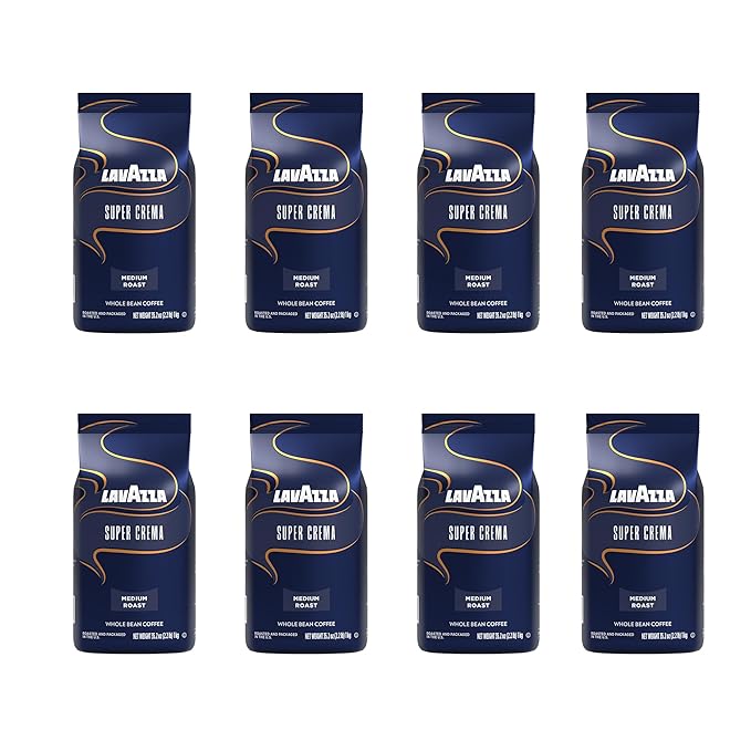 Lavazza Super Crema Whole Bean Coffee, Medium Espresso Roast, Arabica and Robusta Blend, 2.2 lb Bag (Pack of 8)