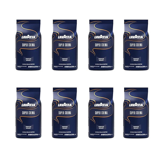 Lavazza Super Crema Whole Bean Coffee, Medium Espresso Roast, Arabica and Robusta Blend, 2.2 lb Bag (Pack of 8)