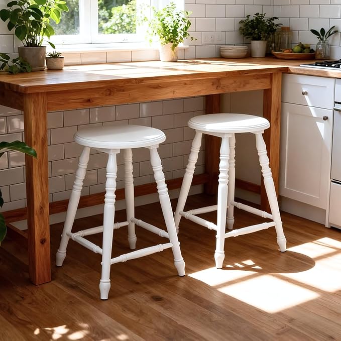 chairus 24" White Backless Counter Height Bar Stools Set of 2, Farmhouse Wooden Counter Stools with Round Seat & Turned Legs, Rustic Vintage Colonial Short Bar Chairs for Kitchen Island