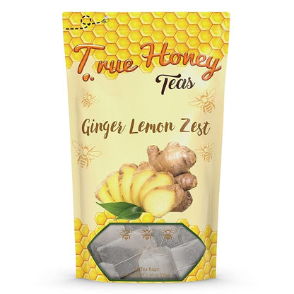 True Honey Lemon Ginger Tea Bags - Honey Crystals Blended in Every Sachet - Healthy Digestion Nourishment - All Natural Organic Herbal Caffeine Free Tea Bag 24 Count