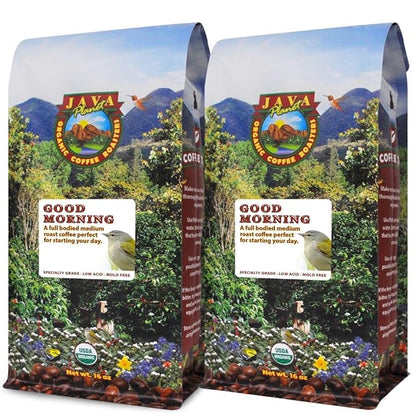 Low Acid Organic Coffee – Whole Bean, Mold-Free & Stomach Friendly by Java Planet, Good Morning Blend Coffee, Medium Roast, Smooth Full Flavored, 2x1LB Bag