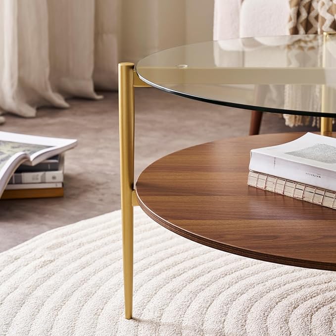 Round Coffee Table, Mid-Century Modern Design, D30“ x H17”, for Living Room, 2-Tier Structure, Clear Glass Top and Walnut MDF Shelf, Sleek Conical Metal Legs with Gold Finish