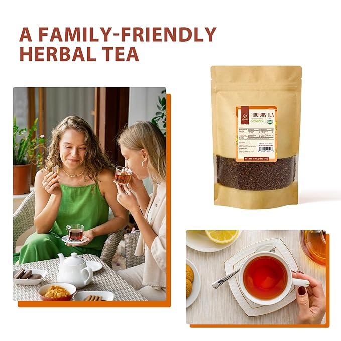 Soeos Organic Red Rooibos Loose Leaf Tea, 16 Ounce (1LB), Naturally Caffeine-Free Herbal Tea, USDA and Non-GMO Certified, Gluten Free, Keto Friendly, Rich Aroma & Smooth Flavor, South African Grown, Perfect for Hot or Iced Tea