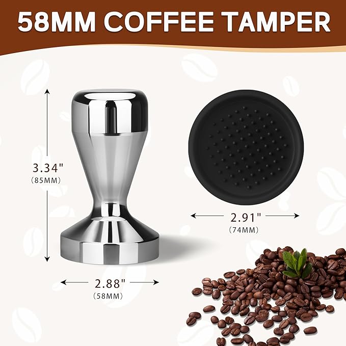 58MM Coffee Tamper, Espresso Press with Silicone Tamper Mat, Stainless Steel Coffee Press for Coffees Grounds Barista Espresso Machines Accessory