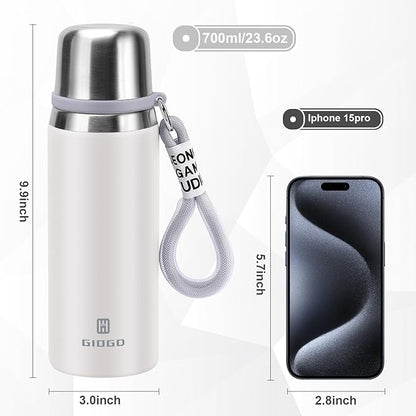 Stainless Steel thermo Bottles with cup 700ml/23.7oz Vacuum Insulated Bottle for hot and cold coffee drink water thermo flask with cup.(White,700ml)