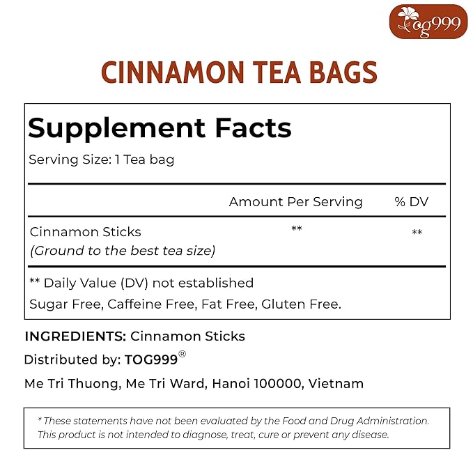 TOG999, Premium 20 Cinnamon Tea Bags, 100% Natural & Pure. Cinnamon Herbal Tea. No Sugar, No Caffeine, No Gluten, Vegan.