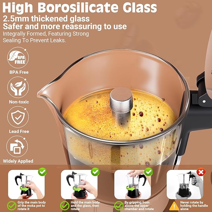 Induction Moka Pot, 6 Cups (10.6 oz) Crystal Glass-Top & Stainless Steel Moka Pot, Classic Stovetop Espresso Maker, Black