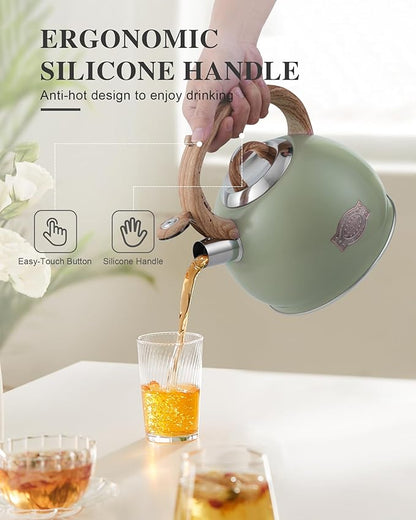 Tea Kettle Stovetop, 2.7 Quart Stove Top Whistling Tea Kettle, Teapot Kettles with Food Grade Stainless Steel and Wood Pattern Handle, Suitable for All Heat Sources