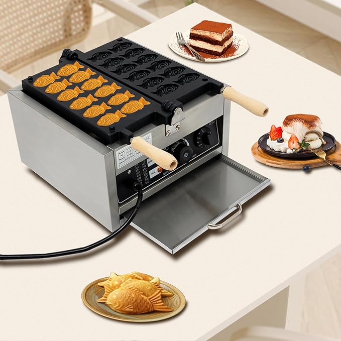 1.8KW Commercial Taiyaki Fish Waffle Maker, Electric Fish Shaped Waffle Cones, Professional Taiyaki Machine for Making Pancakes, Muffins, and Waffles (14.76 * 14.17 * 8.86in)