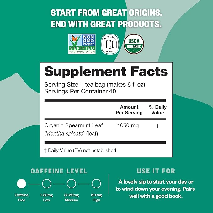 FGO Organic Spearmint Leaf Herbal Tea, 40 Count, Eco-Conscious Tea Bags, Caffeine Free, (Pack of 1)