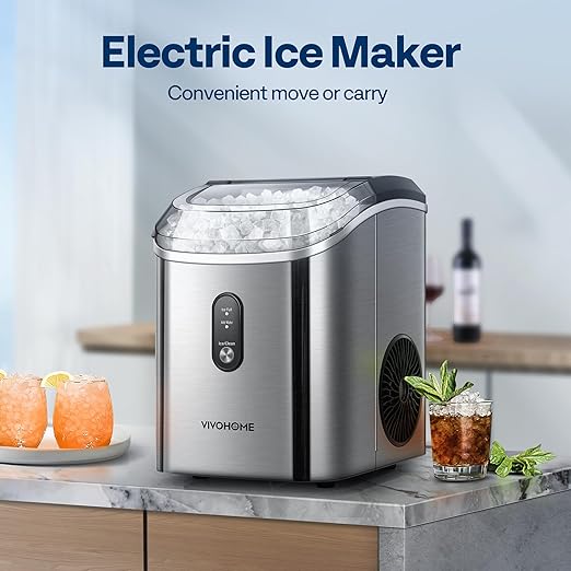 VIVOHOME Electric Portable Compact Countertop Automatic Chewable Nugget Ice Cube Maker Machine with Hand Scoop 10 Ice Bags and Self Cleaning Function 33lbs/Day Silver
