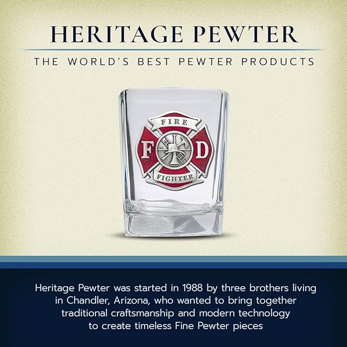Heritage Pewter Firefighter Square Shot Glass | Hand-Sculpted 1.5 Ounce Shot Glass | Intricately Crafted Metal Pewter Alma Mater Inlay