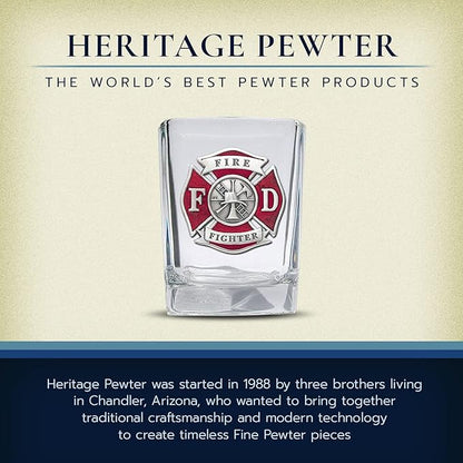 Heritage Pewter Firefighter Square Shot Glass | Hand-Sculpted 1.5 Ounce Shot Glass | Intricately Crafted Metal Pewter Alma Mater Inlay